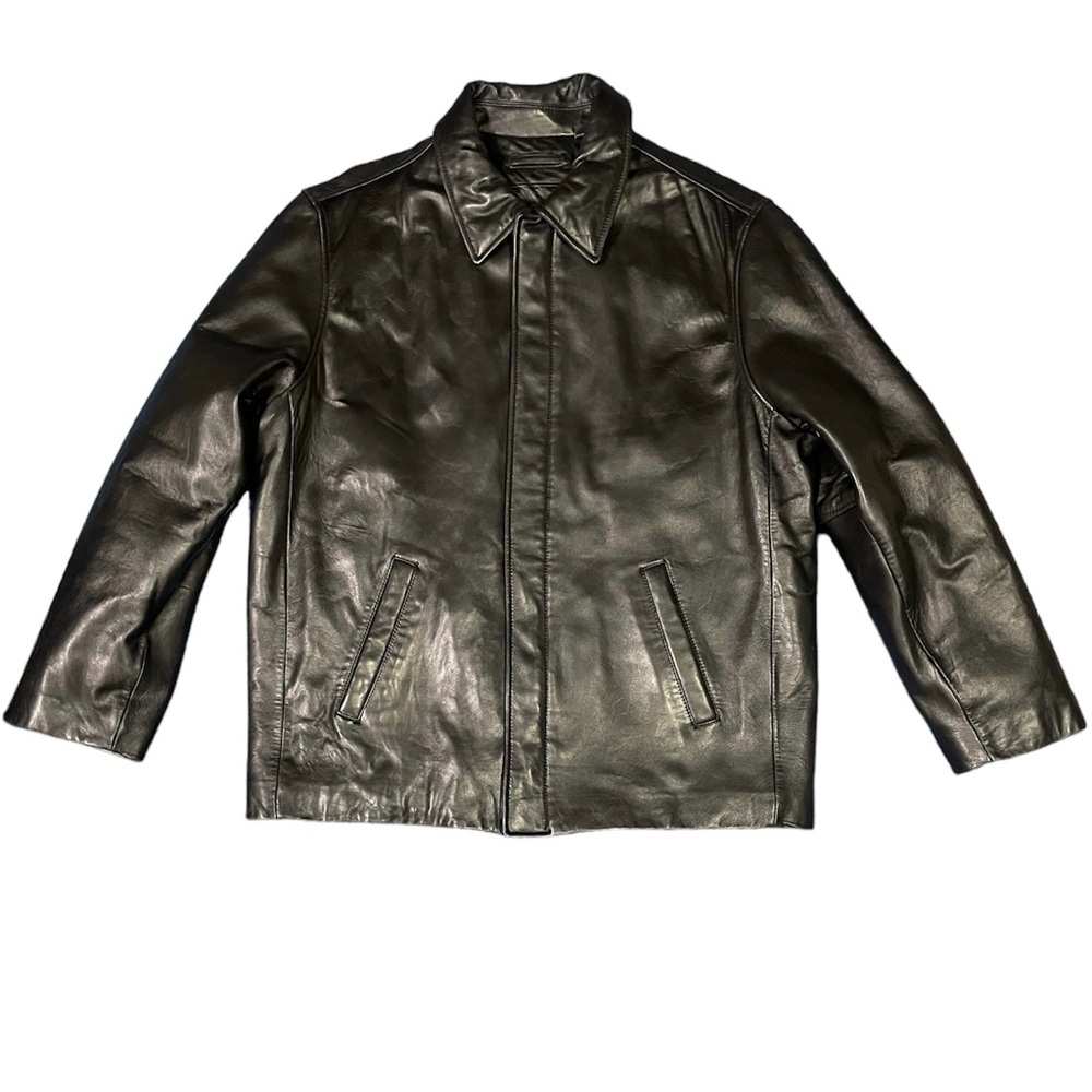 Roundtree & Yorke black leather jacket coat full zip lined point collar size L